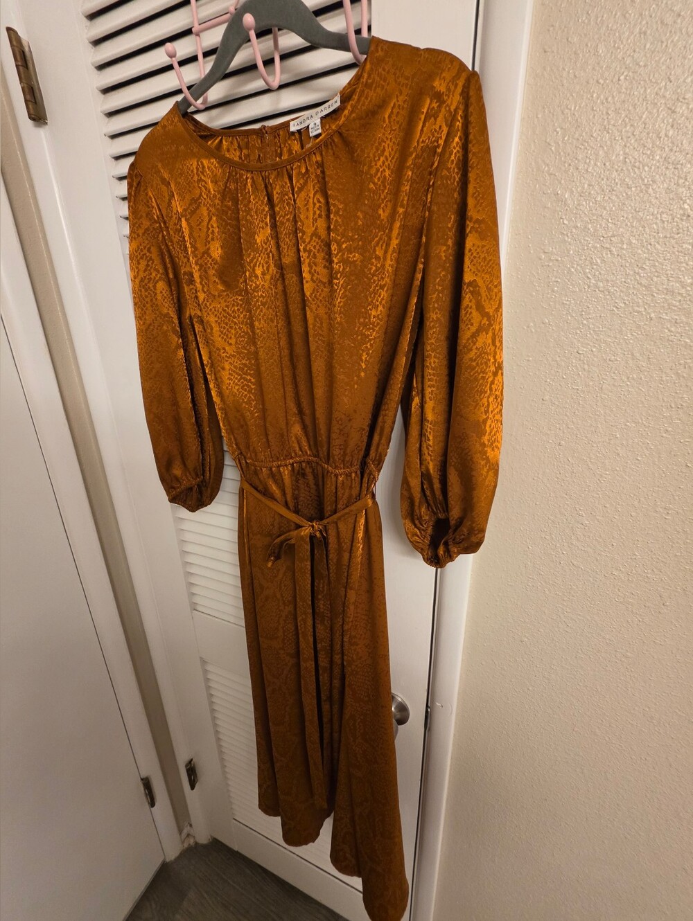 Sandra Darren Burnt Orange Long Sleeve Tie-Waist Midi Dress